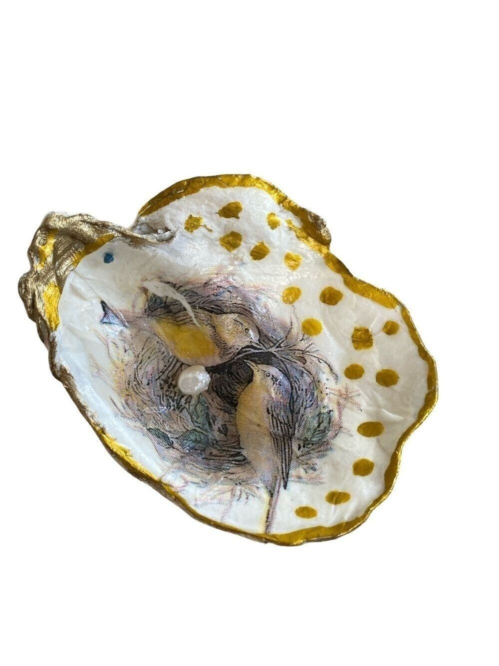 Hand-Decorated Oyster Shell Dish Birds Gold Rim Jewelry Trinket 3”